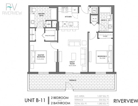 Floor plan for 2 beds, 2 baths, 1027 sqft